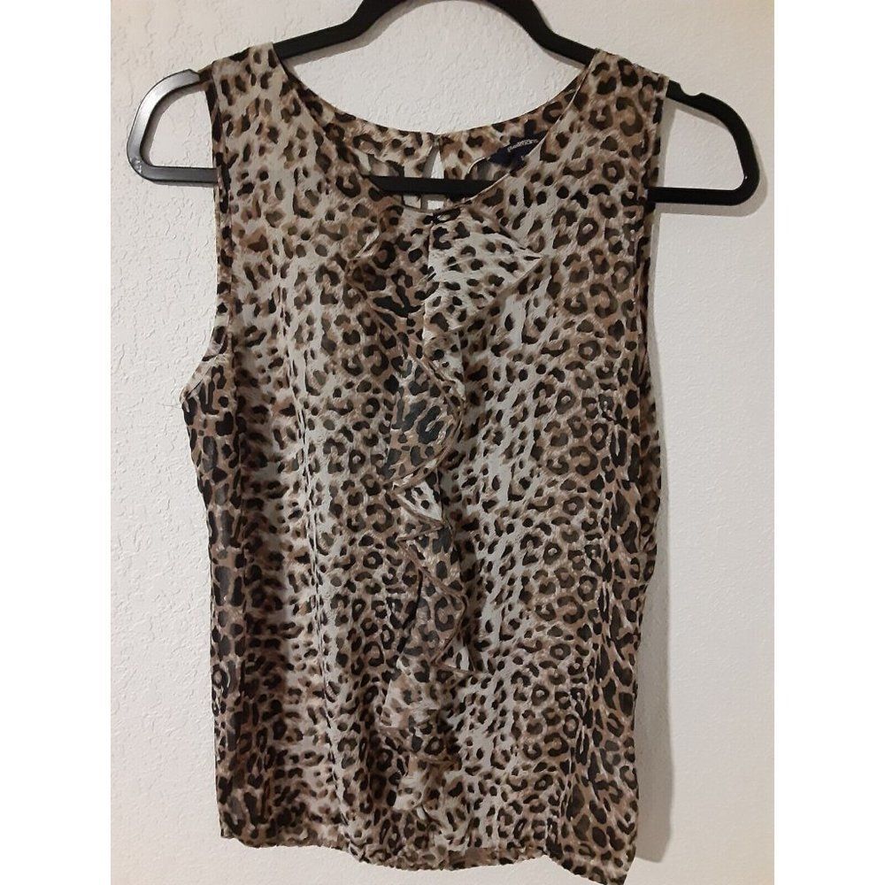 Womens Reitmans Top Size S/P Sheer Animal Print Back Button Sleeveless Ruffle